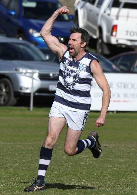 YOU BEAUTY: Chris Eastwell celebrates a Newlyn goal during the side's big win over rivals Creswick. Picture: Lachlan Bence