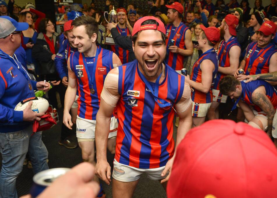 HAPPY TIMES: Segifili Asa Leausa, pictured celebrating the premiership last year, has taken over as Hepburn's senior coach for the 2018 Central Highlands Football League season.