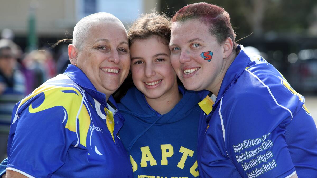 World's Greatest Shave: Dapto Netball Club's (from left) Heather Cunningham, Aaliyah Matar and Carly Robinson. Picture: Robert Peet