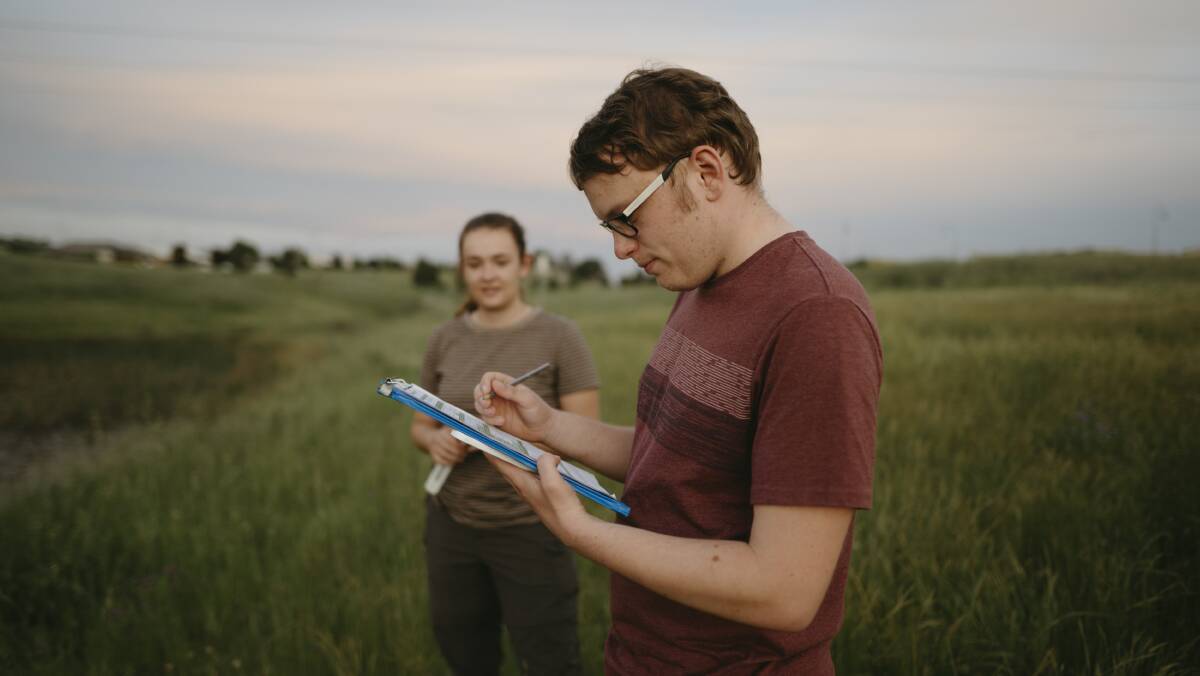 ANU students Isabella Howard and William Jaggers write down environmental changes of a pond during frog watching. Picture: Dion Georgopoulos 