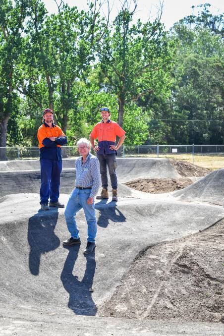NEARLY READY: Creswick Trail Construction Manager Mick McCallum, Mayor Don Henderson and Trail Builder Gerran Turner at the Pump Track. Photo: Brendan McCarthy