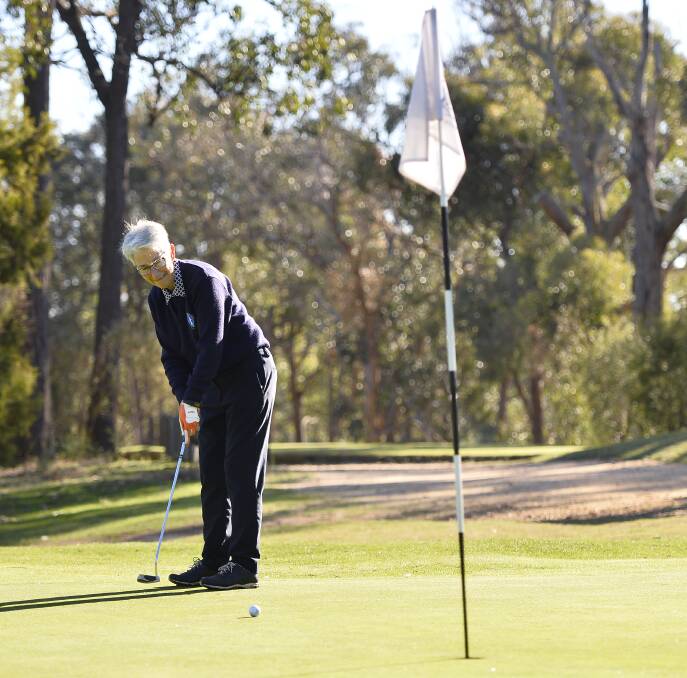 NICE ONE: Hepburn Springs Golf Club's member Jan Smith enjoys the sunny weather and company during Golf Victoria's two-day Senior Amateur Golfers event at her home club. Photo: Dylan Burns
