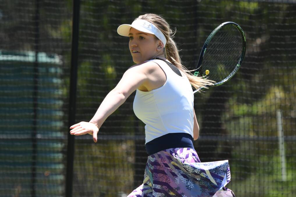 HIT: Kingston Black's Samantha Huggett during round six of the A-grade Saturday tennis competition at Mount Prospect Tennis Association. Photo: Kate Healy