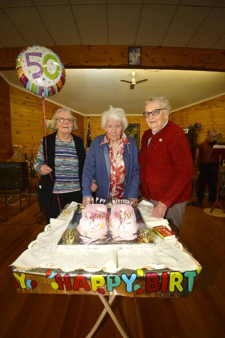 CELEBRATION: Phillis Jones, Jean McKee and Shirley Tennent join the festivities to celebrate Creswick Senior Citizens Centre's 50th birthday. Activities included live entertainment, speeches and afternoon tea. Photo: Dylan Burns