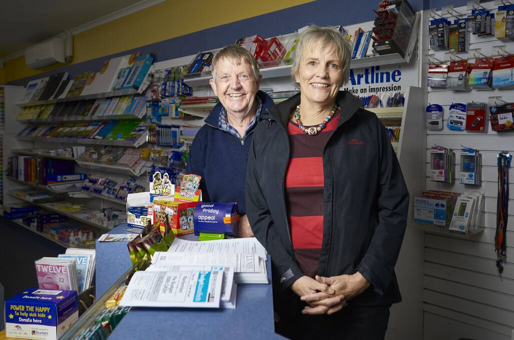 MOVING ON: Ken and Margaret Gibson sold the Clunes Newsagency business earlier this year, after working there for 24 and a half enjoyable years. Photo: Luka Kauzlaric