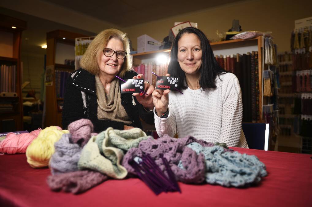 CROCHETING: Creswick's Robyn Dowling and Sally Taylor will take part in the Guinness World Record attempt this weekend. Photo: Dylan Burns