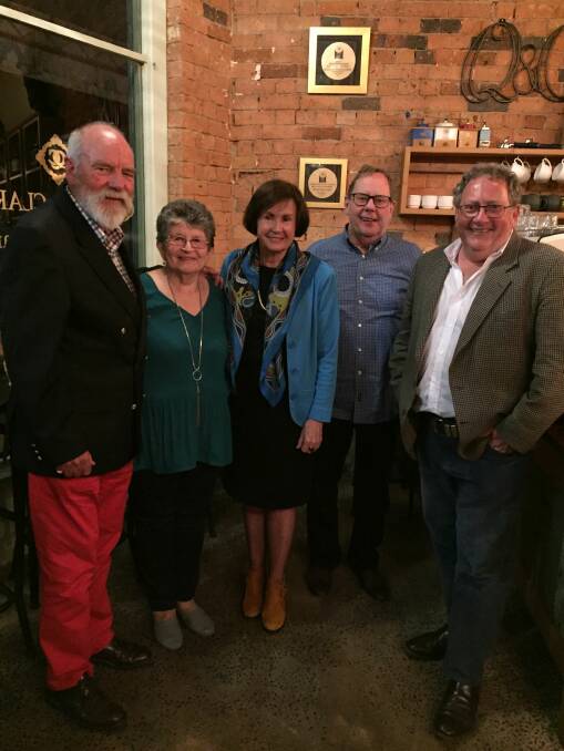 GOODBYE: Former Hepburn Shire Council Mayors, Michael Cheshire, Lou Newman, Principal of Wesley College Dr Helen Drennen AM, and former Hepburn Shire Council Mayor, Tim Hayes and Cr Neil Newitt at Dr Drennen’s farewell dinner at Quigley and Clarke. 