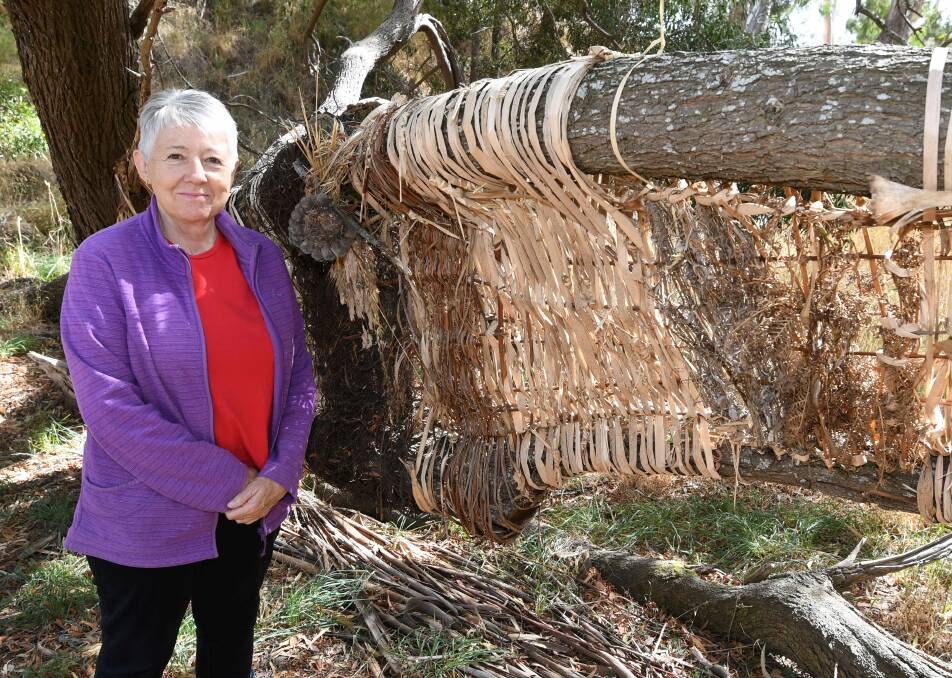 NATURE: Kaye Powell with a weaved installation on a tree along the Biolink. Photo: Lachlan Bence