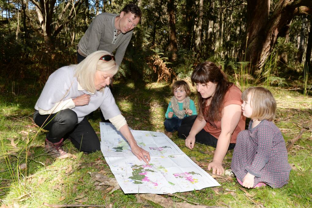 MAP: Wombat Forestcare's Gayle Osborne showing Ivan Carter, Rowan Blackhirst, Miriam Rotstein and Ruby Carter the recommendations VEAC has laid out. Photo: Kate Healy
