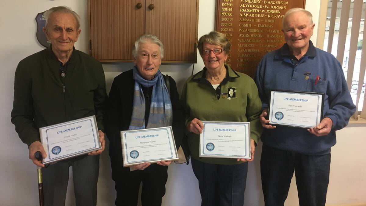 INDUCTED: Long term bowlers Frank Harris, Maureen Harris, Dawn Vorbach and Ken Vorbach have been inducted to Clunes Bowling Club.