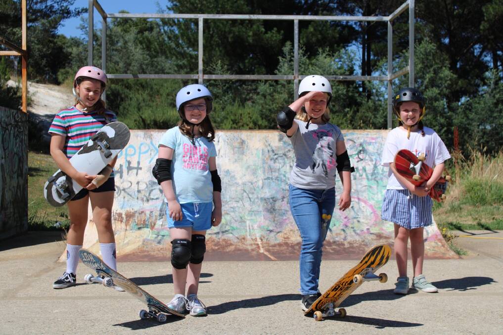 THESE GIRLS CAN: Keen skaters Lily Skelton, 12, Chloe McLeod, 9, Frankie Richard, 7 and Tilly Graham, 9 gearing up for the clinic. Photo: Hayley Elg