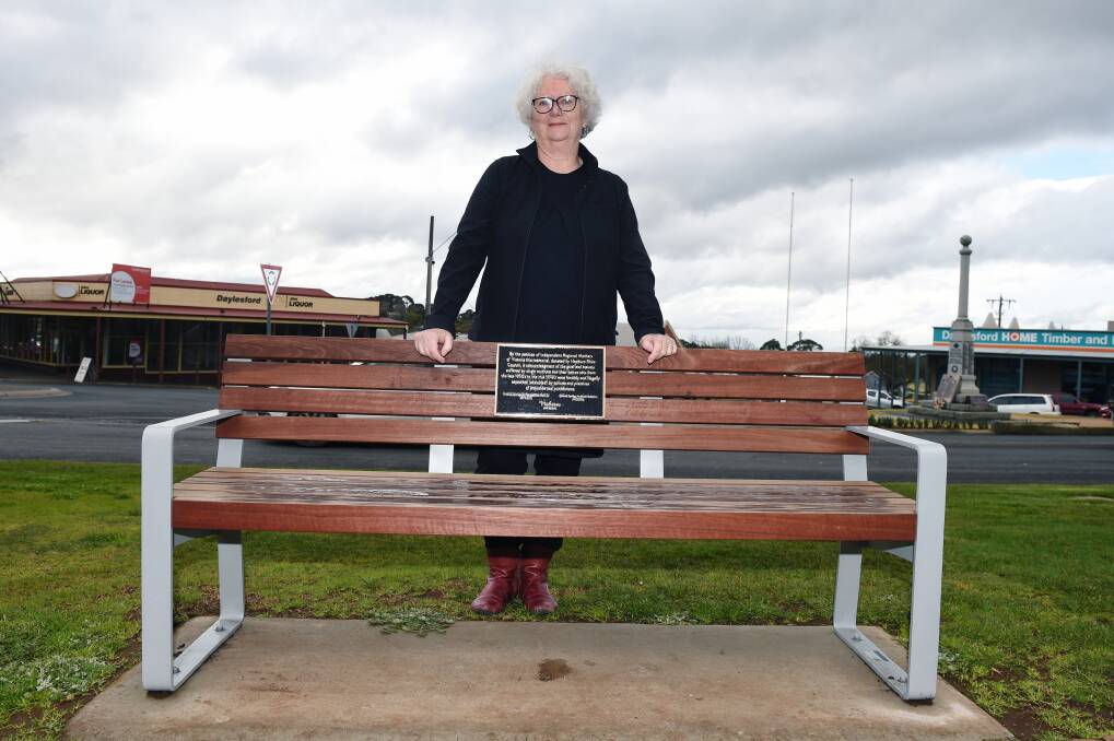 ACKNOWLEDGEMENT: Resident Lyn Kinghorn petitioned for the plaque and seat to be installed in Daylesford. It is the first of its kind to be commissioned by a council in Victoria. Photo: Kate Healy