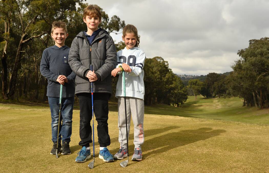 JUNIOR PLAYERS: Seven year old Austin Stevens, his older brother Rhyton Stevens, who is nine years old and eight year old Asha Carris enjoy a put on the green in their spare time. Photo: Dylan Burns