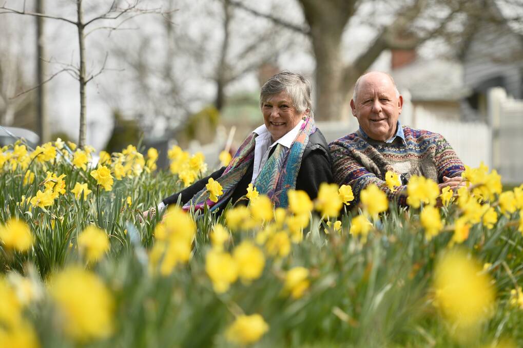 HAPPY: Jan and Eldin Dixon among the thousands of daffodil bulbs they planted on their nature strip and in their front garden in Trentham. Photo: Dylan Burns