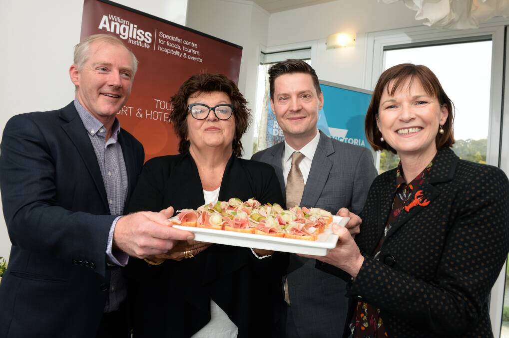 William Angliss Institute chief executive Nicholas Hunt, Alla Wolf-Tasker AM, Regional Development Australia's Stuart Benjamin and Mary-Anne Thomas MP at the announcement of $100,000 funding for the feasibility study in September 2017. Picture: Kate Healy 
