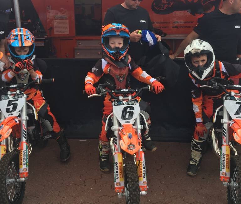 REV UP: Cooper Danaher, 7, gets ready to race in front at the 2017 Aus-X Open in Sydney on November 11. He finished third in the KTM Junior Supercross Challenge. 