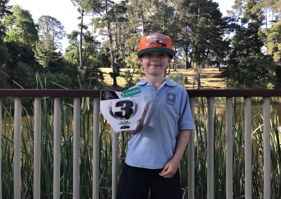 Cooper Danaher, 7, was proud to finish third place at the KTM Junior Supercross Challenge. Picture: Rochelle Kirkham