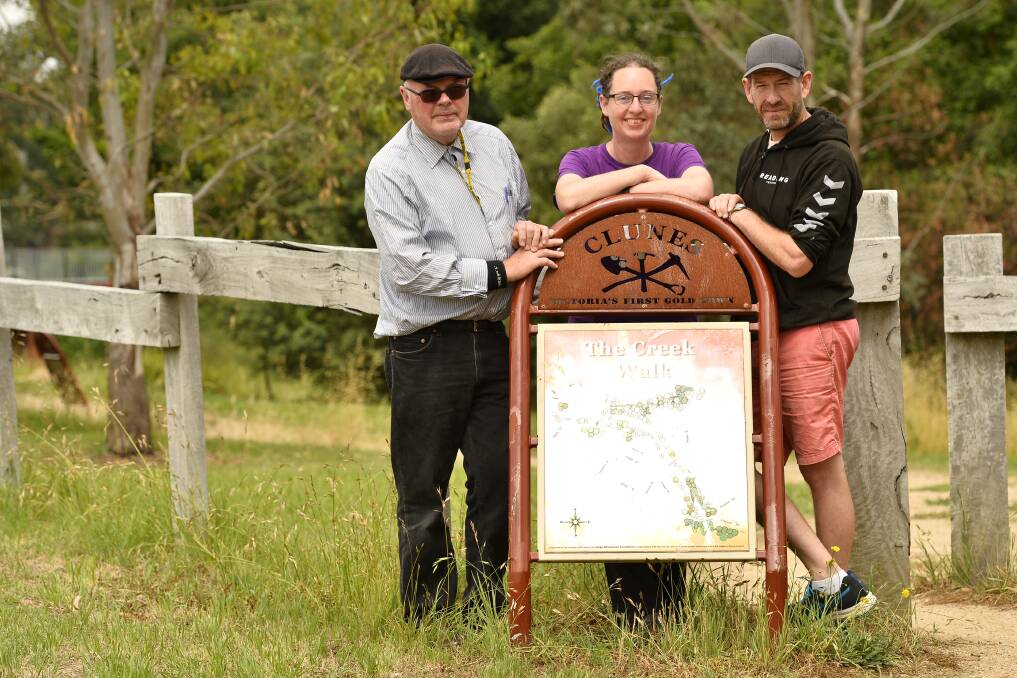 SIGNS: Clunes Museum president James Curzon-Siggers and the CTDA's Tess Ambrose and Steven Hunter push for new signage in Clunes. Picture: Dylan Burns 