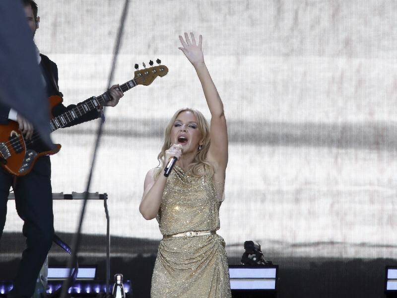 SInger Kylie Minogue performs on the final day of the Glastonbury Festival in Somerset, England.