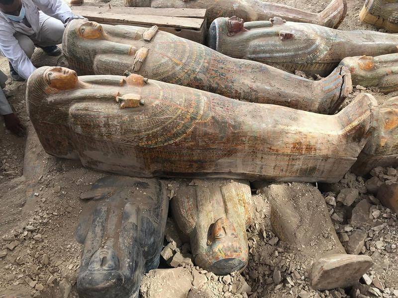 Ancient coloured coffins have been displayed in the southern Egyptian city of Luxor.