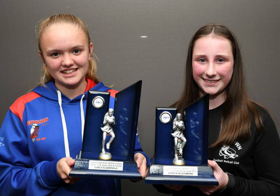 FINALS FEVER: Winner Carly Elderfield from Hepburn and runner-up Jessica Blackmore from Dunnstown with their under-13s trophies.
