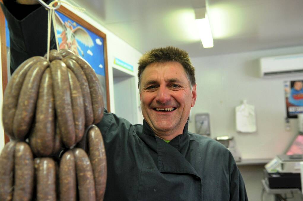 Gary Thomas shows off Bullboar's from the Albert Street Butchery in Daylesford