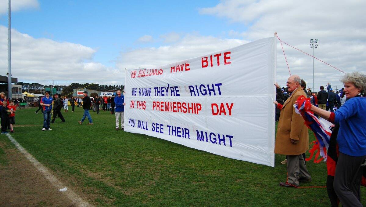 INSPIRING PLAYERS: The Bulldogs' banner is ready at the start of the big match. Picture: KYLE BARNES